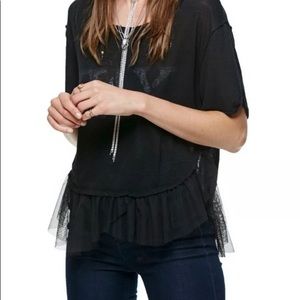 Free People Pretty in Punk Rock Distressed Top Tee Tulle Hem Black NWT $88 Small